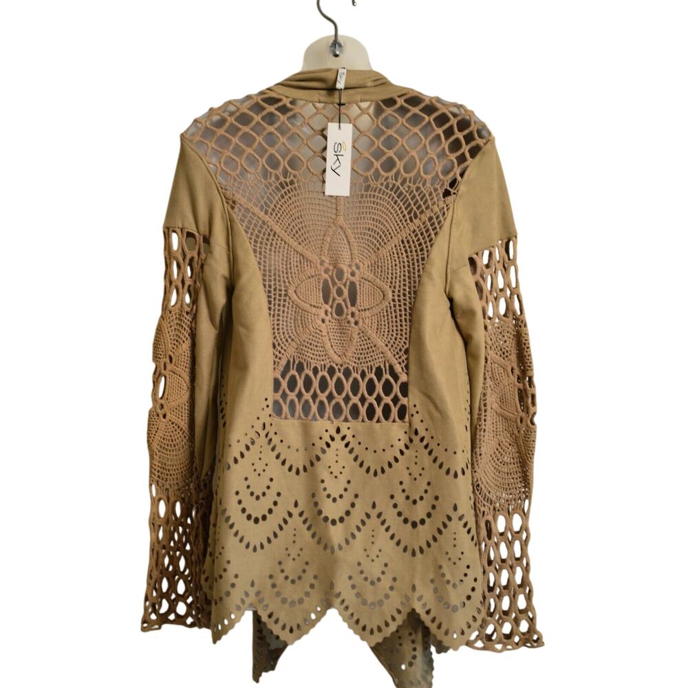 Sky Clothing Brand S NWT Wrap Jacket Knit Crochet Eyelet Smooth Taupe Beige Cozy